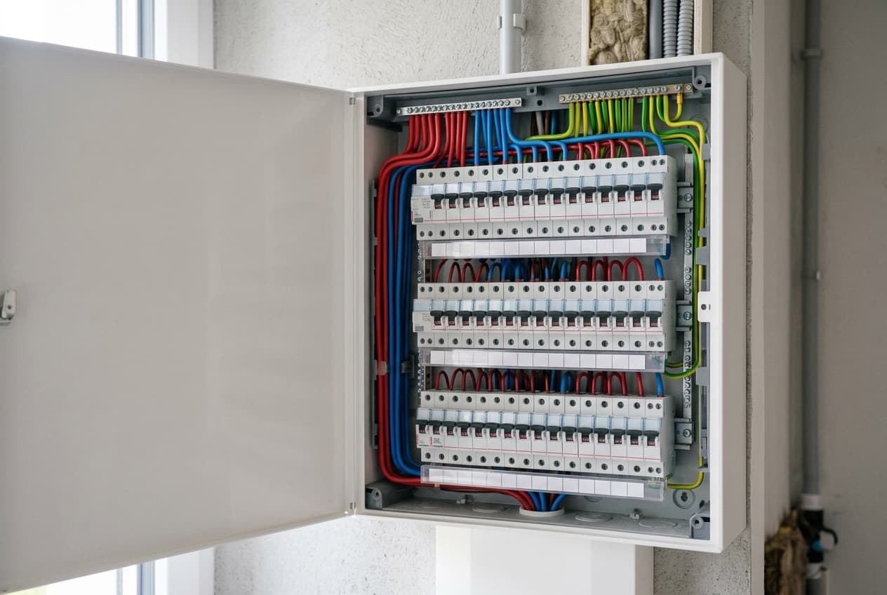 Tableau électrique moderne aux circuits repérés par étiquettes