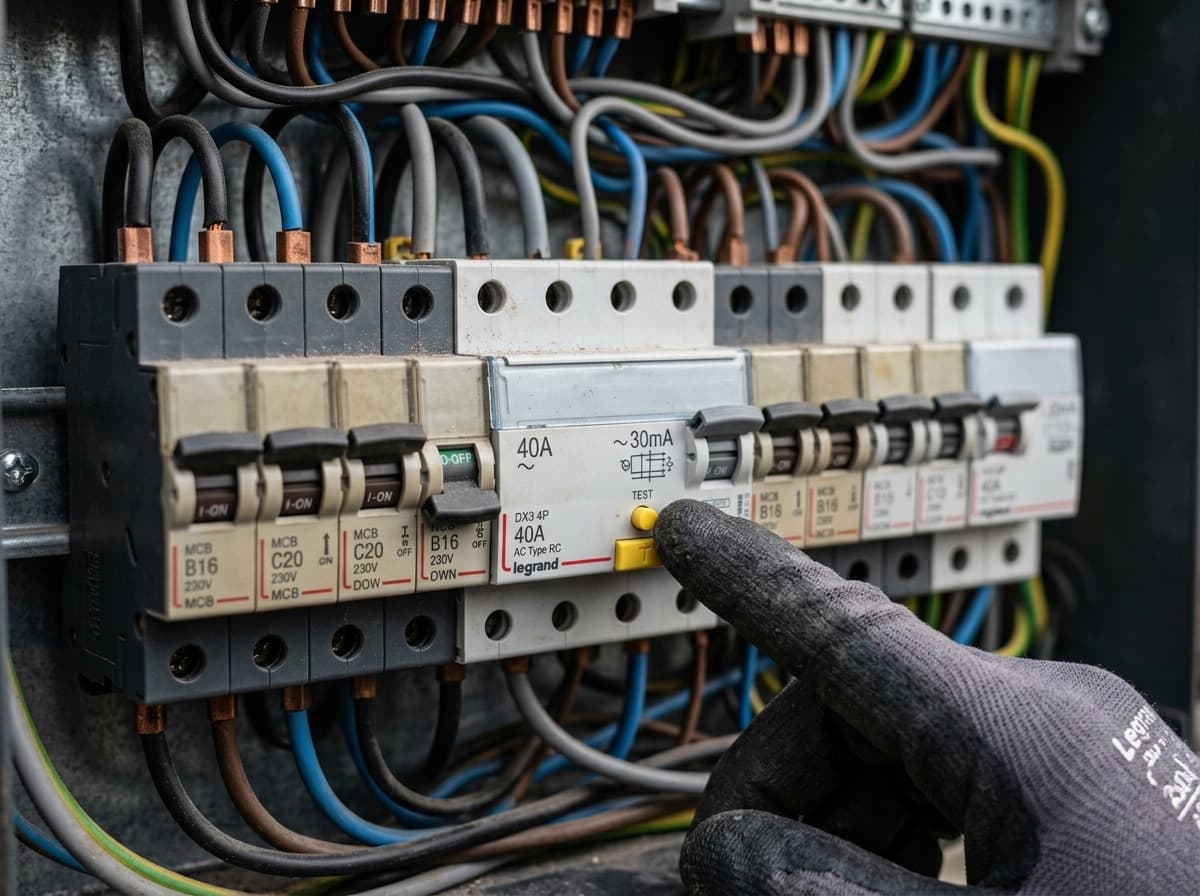 Doigt appuyant sur le bouton test d’un interrupteur différentiel