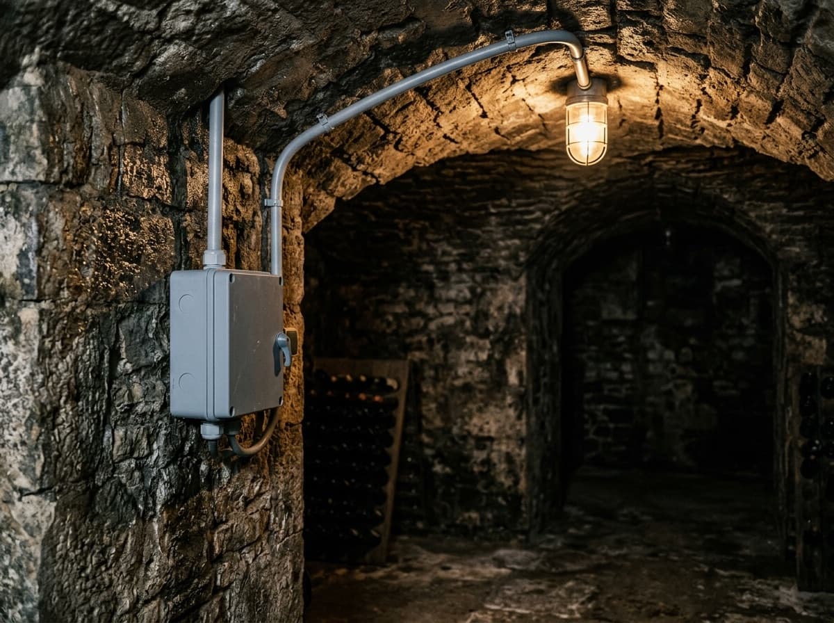 Boîtier électrique étanche fixé sur la pierre d’une cave voûtée
